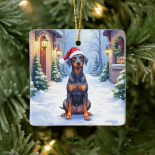 Adorno De Cerámica German Pinscher Patio Nevado Sombrero de Santa