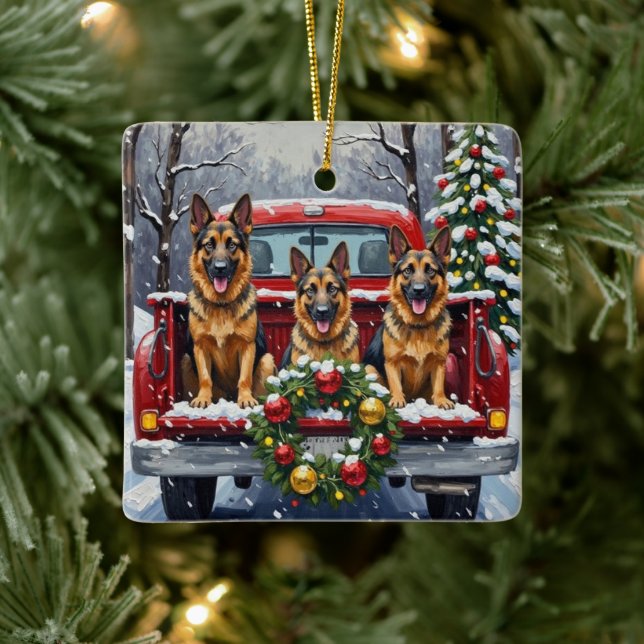 Adorno De Cerámica German Shepherd Christmas Red Truck Holiday (Árbol)