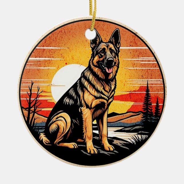 Adorno De Cerámica German Shepherd Retro Sunset Dog Lover (Frente)