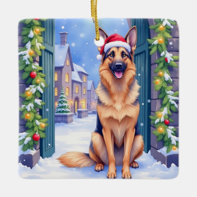 Adorno De Cerámica German Shepherd Snowy Town Gate Santa Christmas (Anverso)