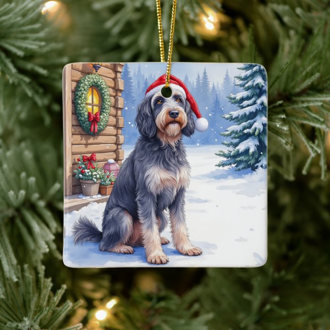 Adorno De Cerámica German Wirehaired Pointer Snowy Lodge Santa Hat (Árbol)
