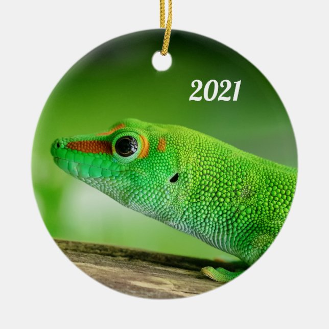 Adorno De Cerámica Gigante Día Verde Gecko - Phelsuma grandis Metaliz (Frente)