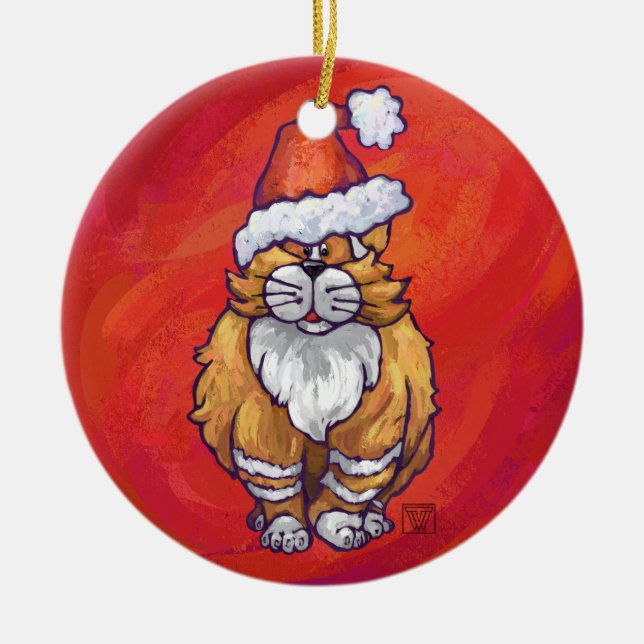 Adorno De Cerámica Ginger Cat Navidades En Rojo (Frente)