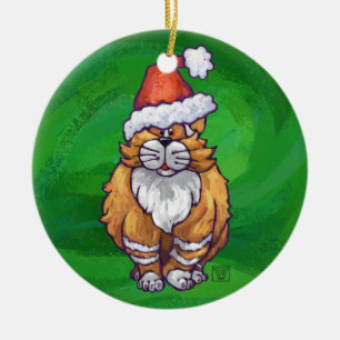 Adorno De Cerámica Ginger Cat Navidades En Verde