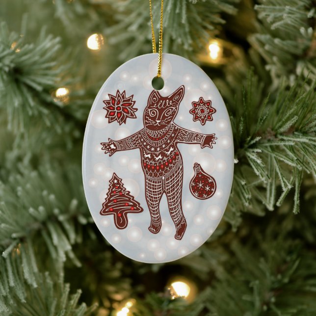 Adorno De Cerámica Gingerbread Cat & Cookies Christmas Tree Ornament (Árbol)