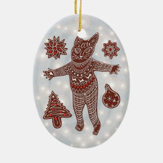 Adorno De Cerámica Gingerbread Cat & Cookies Christmas Tree Ornament
