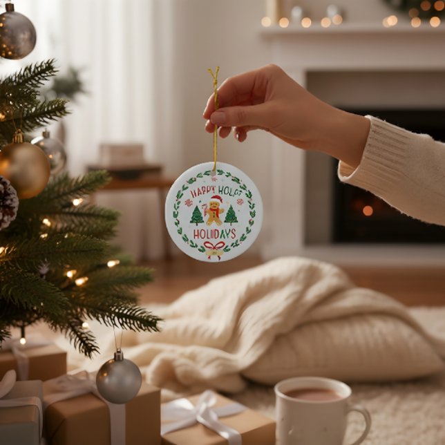 Adorno De Cerámica Gingerbread Man & Holly Wreath Christmas Ornament (Subido por el creador)