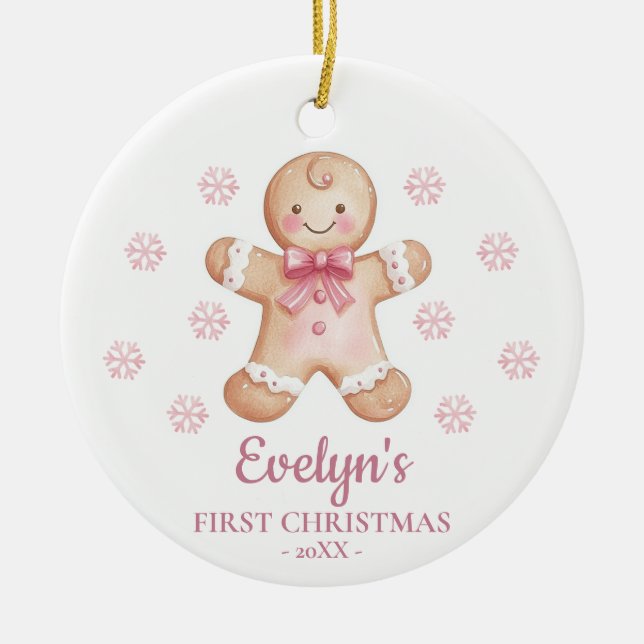 Adorno De Cerámica Gingerbread Personalized Girl's First Christmas (Frente)