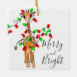 Adorno De Cerámica Girafa festiva, luces de trineo rojas verdes