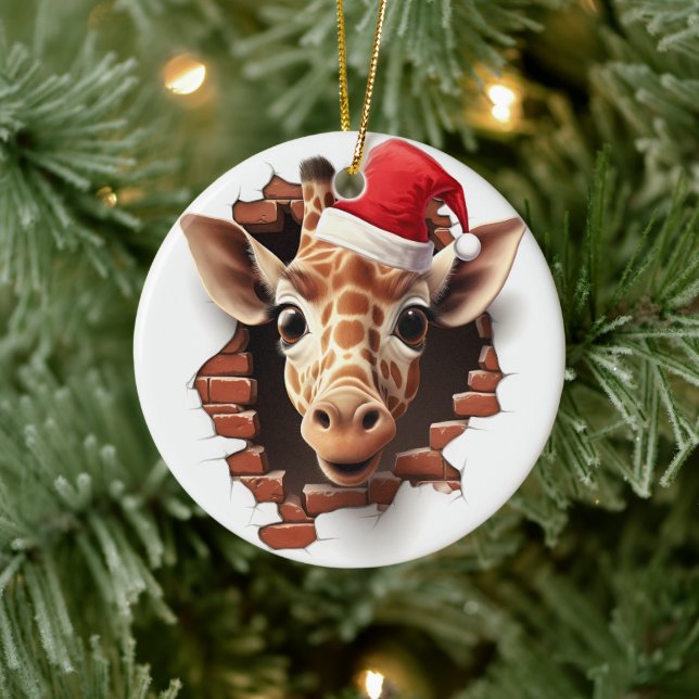 Adorno De Cerámica Giraffe del bebé en Santa Hat - 3D (Árbol)