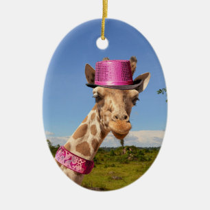 Adorno De Cerámica Giraffe en gorra rosa brillante
