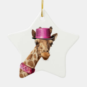 Adorno De Cerámica Giraffe en gorra rosa brillante