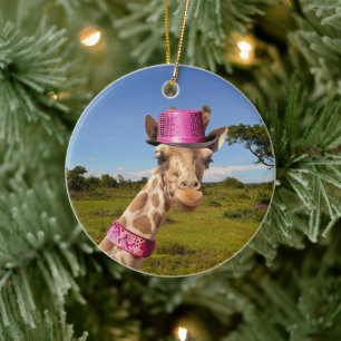 Adorno De Cerámica Giraffe en gorra rosa brillante