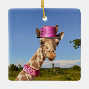 Adorno De Cerámica Giraffe en gorra rosa brillante