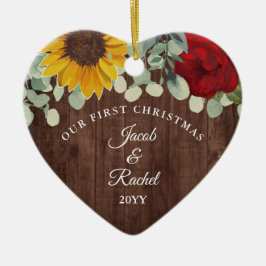 Adorno De Cerámica Girasoles Rosas Rústico Nuestra Primera Navidad
