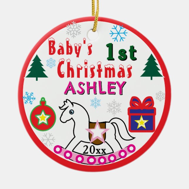 Adorno De Cerámica Girl First Christmas PHOTO White Horse  (Frente)