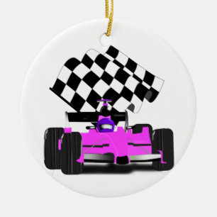 Adorno De Cerámica Girly Pink Race Car with Checkered Flag