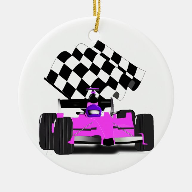Adorno De Cerámica Girly Pink Race Car with Checkered Flag (Frente)