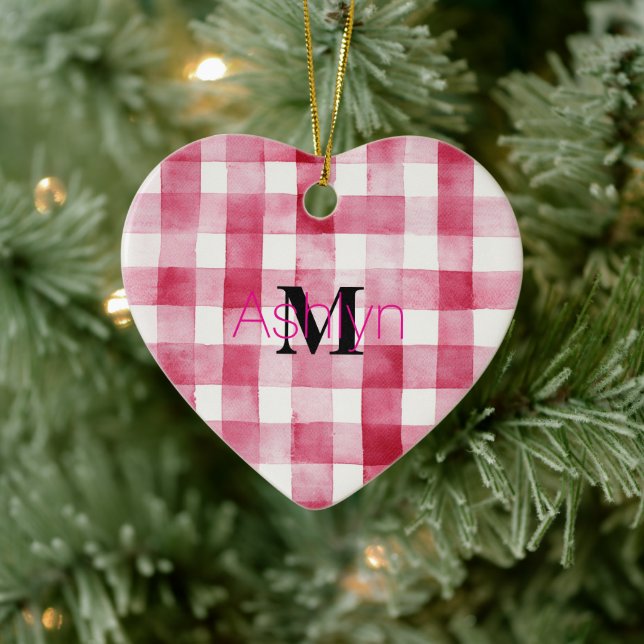 Adorno De Cerámica Girly Pink White Plaid Stripes Monogram Christmas (Árbol)