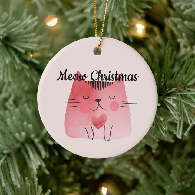 Adorno De Cerámica Girly Rubor Pink Heart Cat (Árbol)