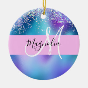 Adorno De Cerámica Glam Holográfico Sirena Glitter Brillo Monograma