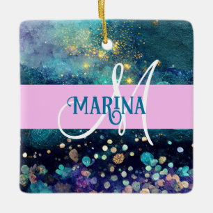 Adorno De Cerámica Glam Mermaid Aqua Gold Purpurina Esparkles Monogra
