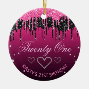 Adorno De Cerámica Glamuroso Cumpleaños con Glitter Negro y Rosa que