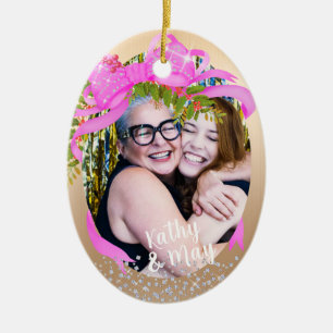 Adorno De Cerámica Glittering Pink Ribbon Photo Navidad Gold