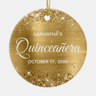 Adorno De Cerámica Glittery Gold Foil Quinceañera