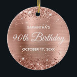 Adorno De Cerámica Glittery Rose Gold Foil 90th Birthday<br><div class="desc">Create your own 90th birthday circle ornament for your mother. You can customize the block text or calligraphy wording or font style. The digital art background features a faux rose gold glitter and rose gold blush ombre foil. On the backside, you can add a family photo if you'd like. Girly...</div>