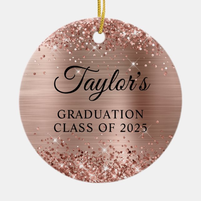 Adorno De Cerámica Glittery Rose Gold Foil Graduation (Frente)