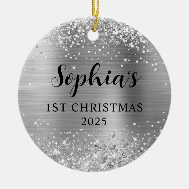 Adorno De Cerámica Glittery Silver Foil 1st Christmas Photo (Frente)