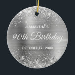 Adorno De Cerámica Glittery Silver Foil 90th Birthday<br><div class="desc">Create your own 90th birthday circle ornament for your great grandma. Customize the block text and/or calligraphy font style. Change the text for any special or milestone birthday. The digital art background features a faux silver glitter and silvery grey ombre foil. On the backside, you can add a family photo...</div>