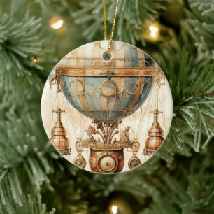 Adorno De Cerámica Globo de aire caliente azul Vintage Steampunk Blue