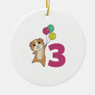 Adorno De Cerámica Globos de tercer cumpleaños de cerdo de Guinea