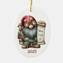 Gnome Ceramic Oval Christmas Ornament