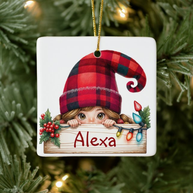 Adorno De Cerámica Gnome Chica de navidades con nombre personalizado (Árbol)
