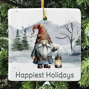 Adorno De Cerámica Gnome de Navidades de invierno acuarela