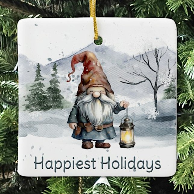 Adorno De Cerámica Gnome de Navidades de invierno acuarela (Watercolor Winter Christmas Gnome Ceramic Ornament)