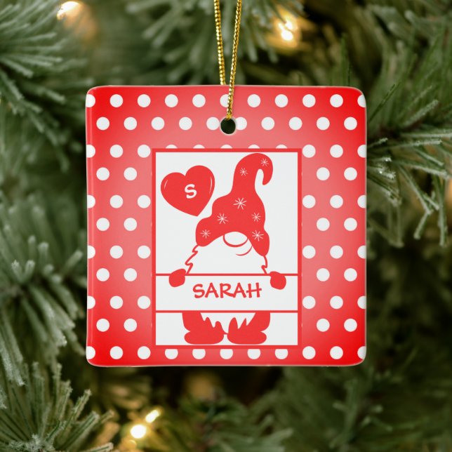 Adorno De Cerámica Gnome de vacaciones lindo Polka puntos rojo Nombre (Árbol)