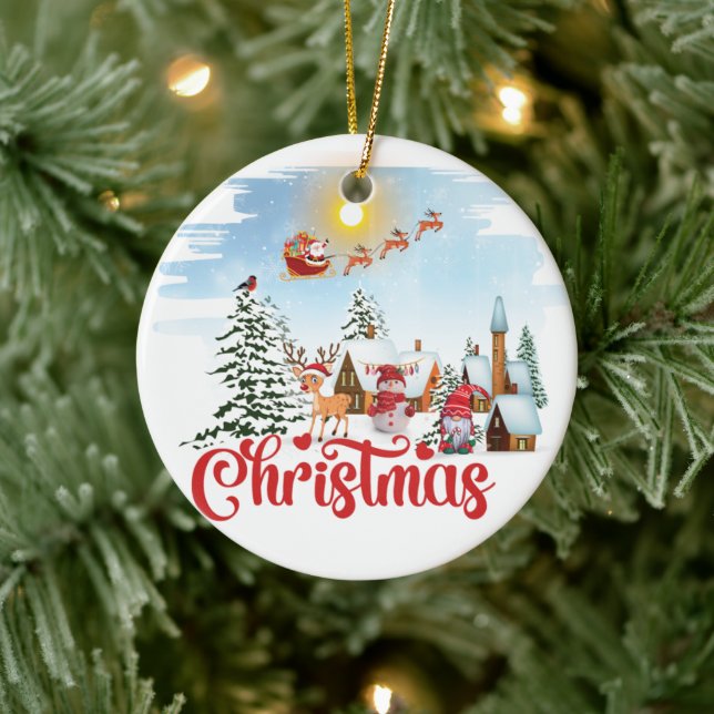 Adorno De Cerámica Gnome lindo, hombre de nieve celebrando vacaciones (Árbol)