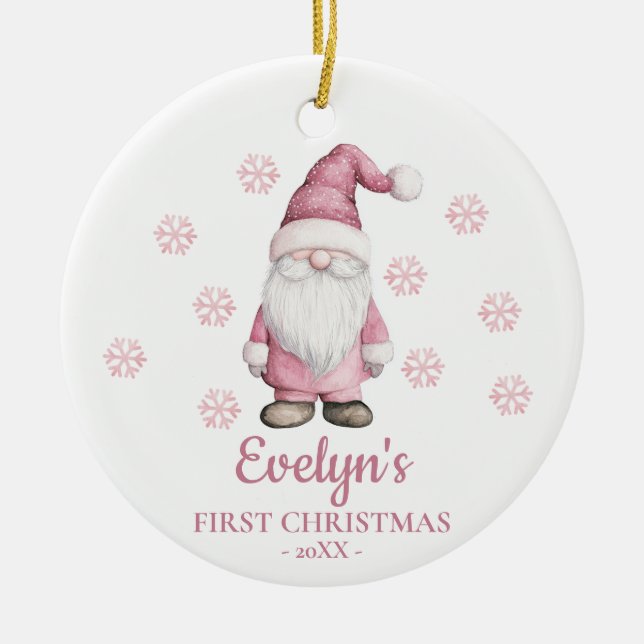 Adorno De Cerámica Gnome Personalized Girl's First Christmas (Frente)