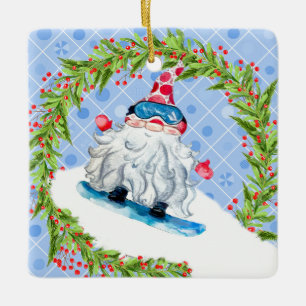 Adorno De Cerámica Gnome Snow Boarding con Wreath