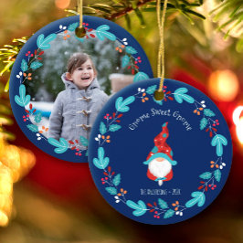 Adorno De Cerámica Gnome Sweet Gnome Elf Floral Wreath Foto Azul