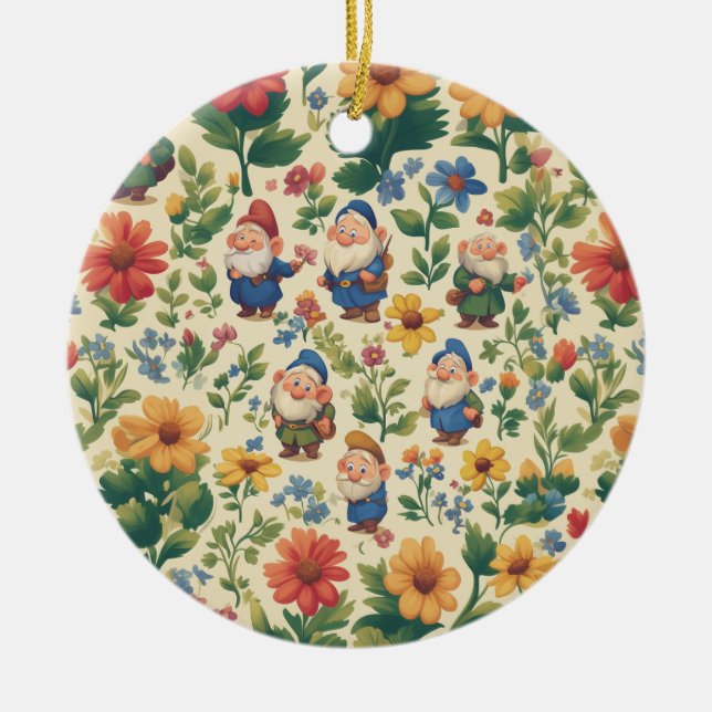 Adorno De Cerámica Gnome un diseño de patrones de flores (Frente)