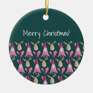 Adorno De Cerámica Gnome Y Reno Con Guante Rosa