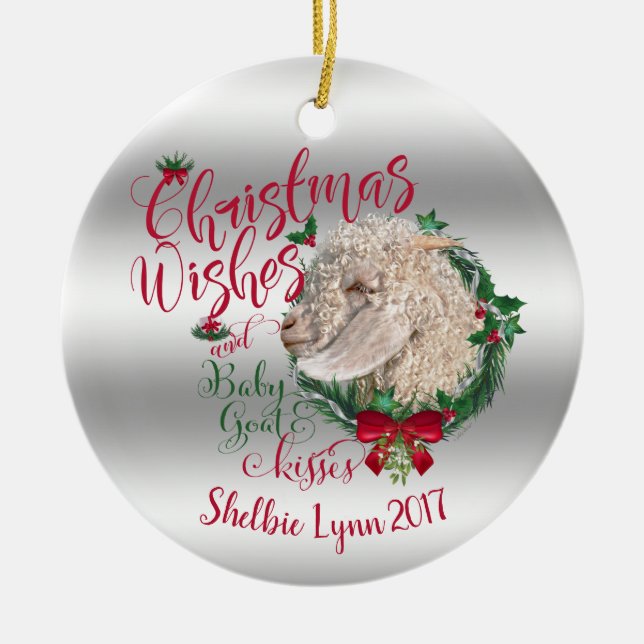 Adorno De Cerámica GOAT | Navidades Desean Besar de Cabra Bebé Angora (Frente)