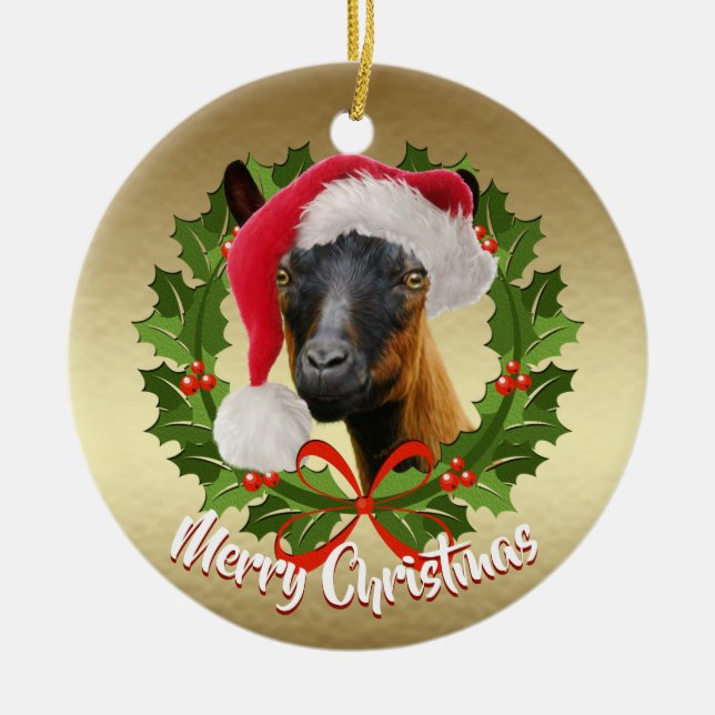 Adorno De Cerámica GOAT Oberhasli Dairy Goat Doe Santa Hat Navidades (Frente)