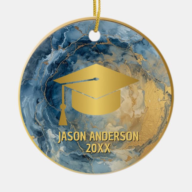 Adorno De Cerámica Gold and Blue Custom Graduation Ornament (Frente)