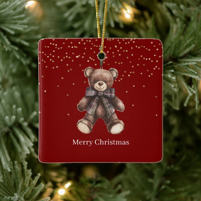 Adorno De Cerámica Gold Confetti Red Teddy Bear Christmas (Árbol)
